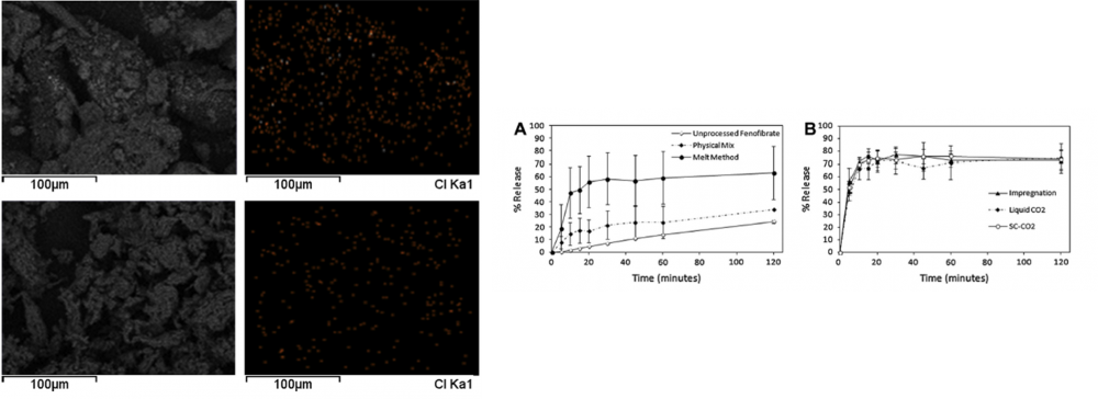 Figure 6: SEM/EDX images of fenofibrate loaded SBA 15 & Fenofibrate resealse profiles of various formulations of fenofibrate and SBA 15